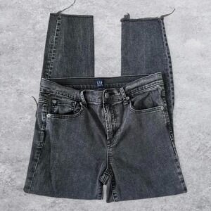 Gap True Skinny Jeans Womens 29 Faded Black Distressed Knee Raw Hem High Rise
